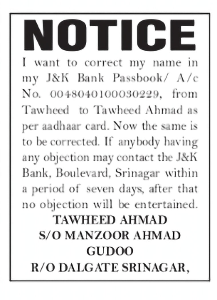 Title: J&K Bank Account Name Correction – Tawheed Ahmad