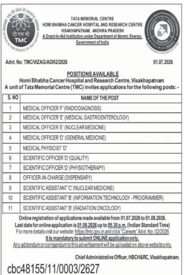TMC Visakhapatnam Recruitment 2026 – Multiple Medical & Scientific Positions