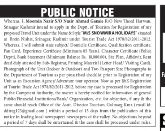 Tourism Registration Public Notice – Snowmiran Holidays