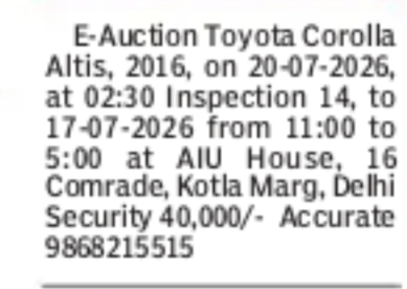 Toyota Corolla Altis 2016 E-Auction in Delhi