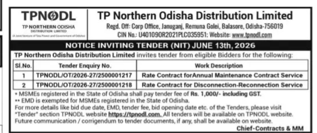 TP Northern Odisha Distribution Limited – Tender Notice