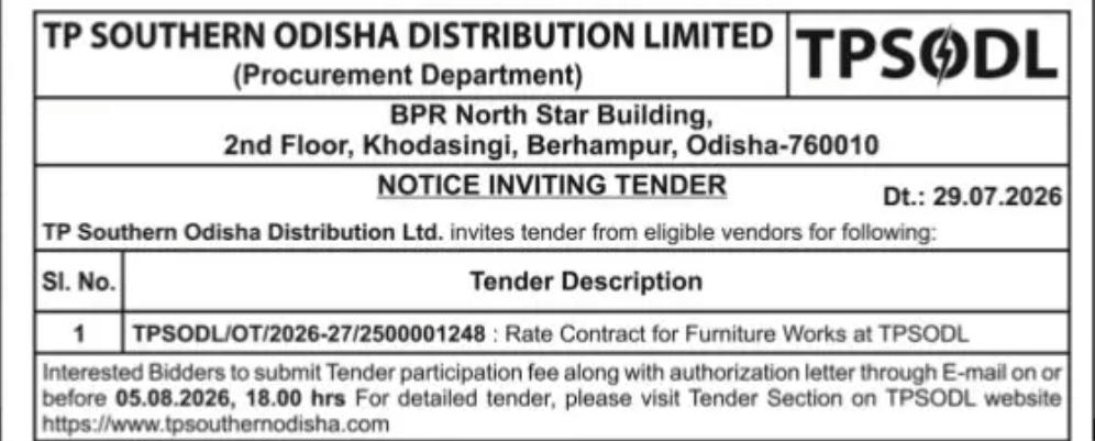 TP Southern Odisha Distribution Limited (TPSODL) Invites Tender for Furniture Works