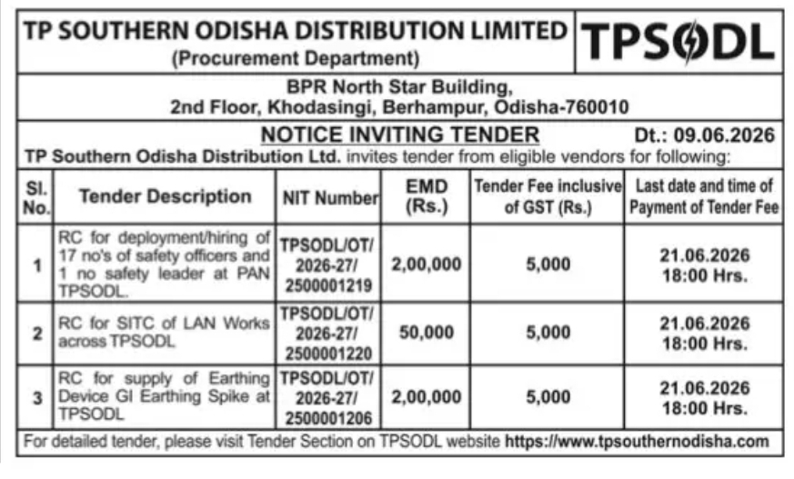 TP Southern Odisha Distribution Limited (TPSODL) – Tender Notice