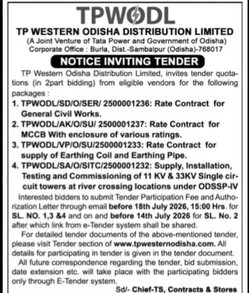 TP Western Odisha Distribution Limited Invites Multiple Tenders
