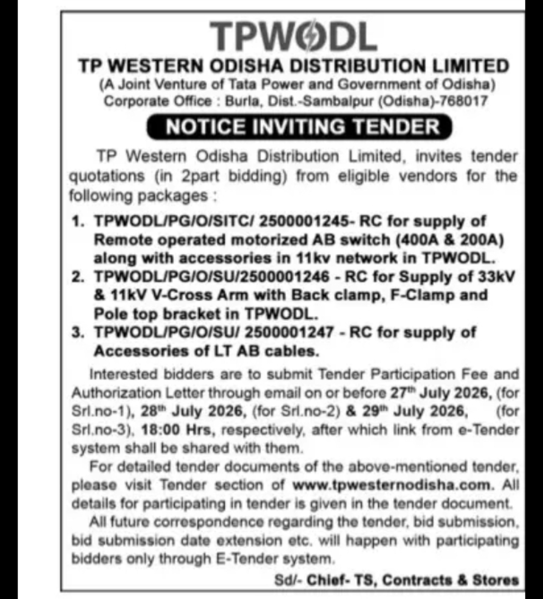 TP Western Odisha Distribution Limited – Notice Inviting Tender for Electrical Supplies