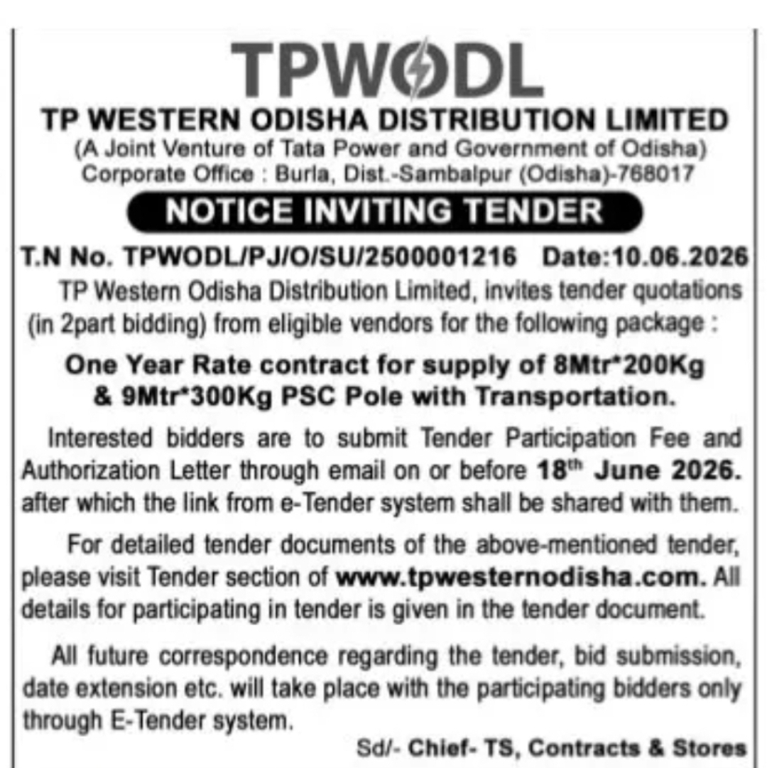 TP WESTERN ODISHA DISTRIBUTION LIMITED – TENDER NOTICE