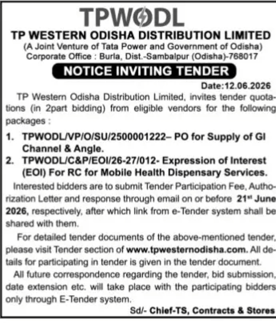 TP Western Odisha Distribution Limited (TPWODL) Tender Notice – Supply & Services