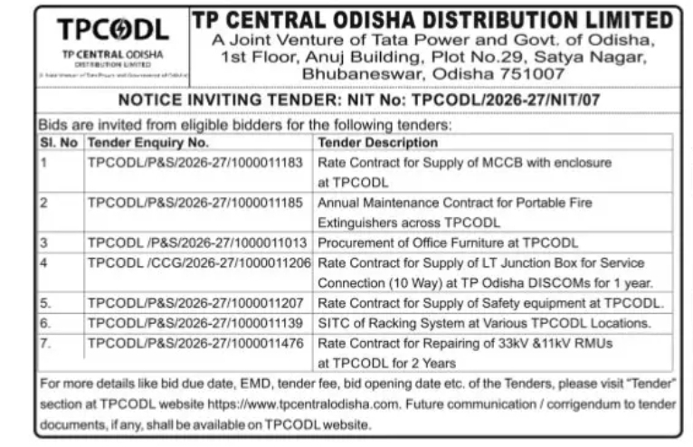 TPCODL Invites Bids for Supply, Maintenance & Infrastructure Contracts (NIT No. TPCODL/2026-27/NIT/07)