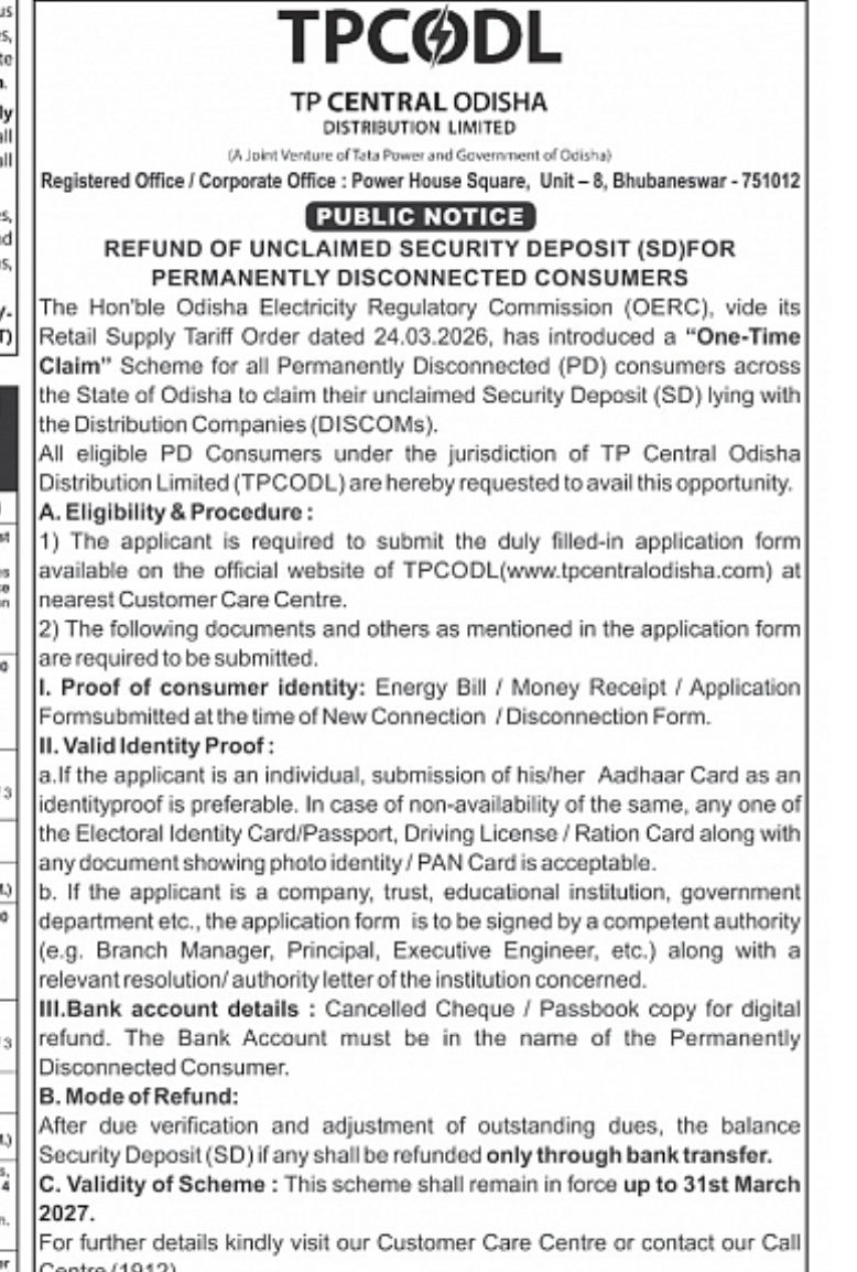TPCODL One-Time Security Deposit Refund Scheme for Permanently Disconnected Consumers