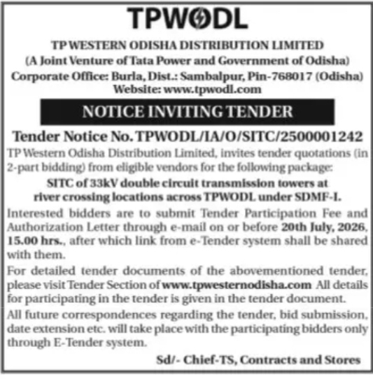 TPWODL Invites Bids for 33kV Transmission Tower Installation