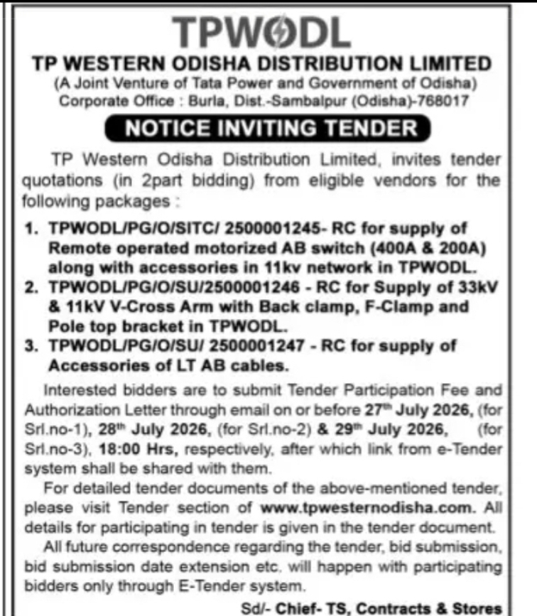 TPWODL Notice Inviting Tender – Supply of Electrical Materials and Equipment (Odisha)