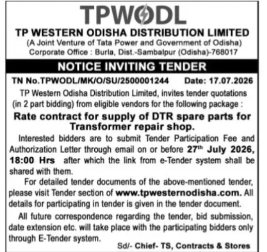 TPWODL Tender Notice – Supply of DTR Spare Parts