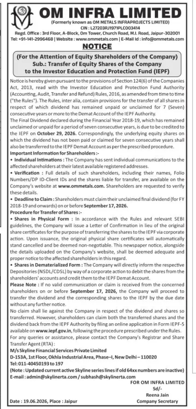 Transfer of Equity Shares and Unclaimed Dividend to IEPF – Notice by OM INFRA LIMITED (FY 2018–19)