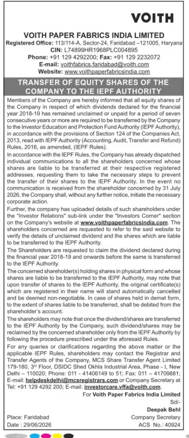 Transfer of Equity Shares to IEPF Authority – Voith Paper Fabrics India Limited
