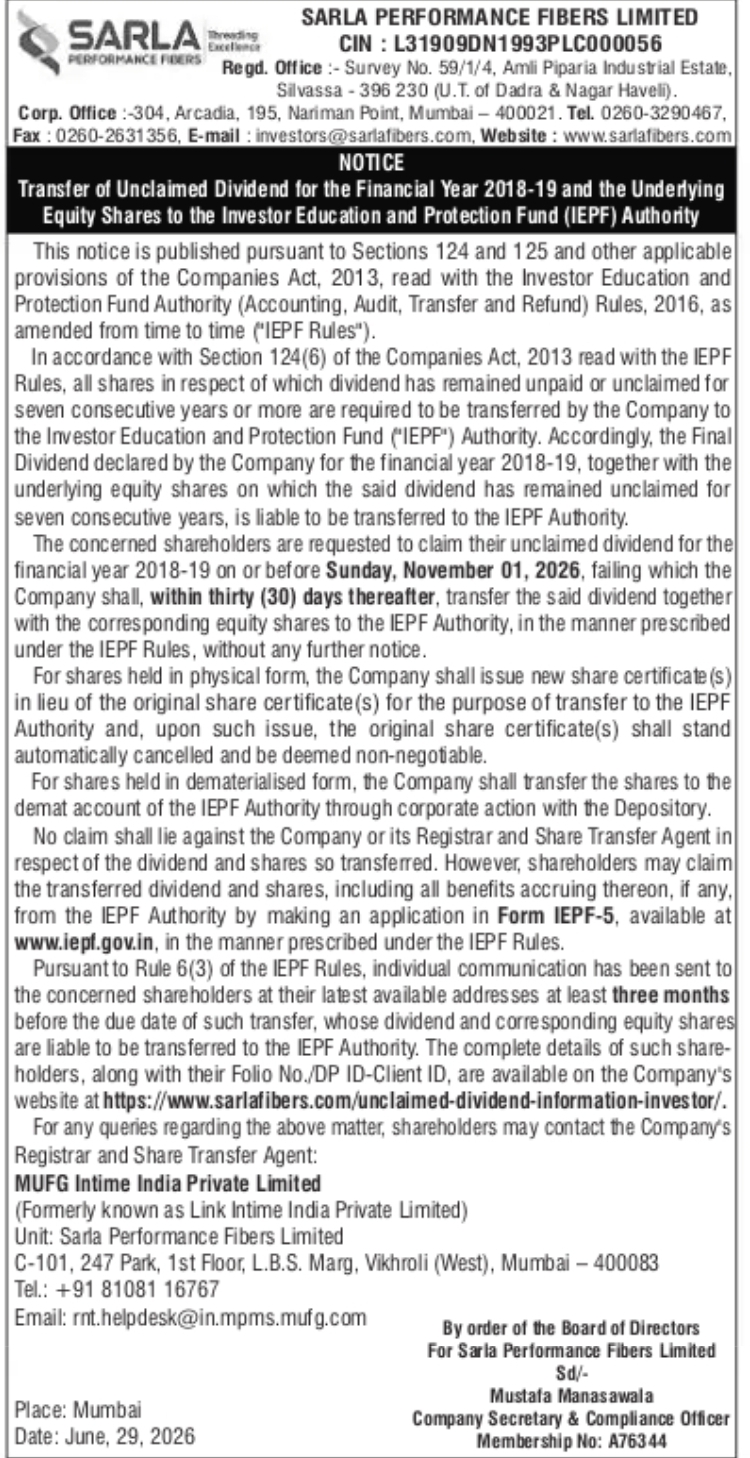 Transfer of Unclaimed Dividend (FY 2018–19) and Underlying Equity Shares to IEPF – Sarla Performance Fibers Limited
