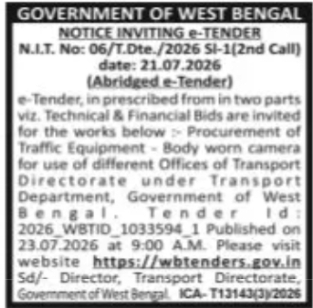 Transport Directorate Invites e-Tender for Procurement of Body Worn Cameras