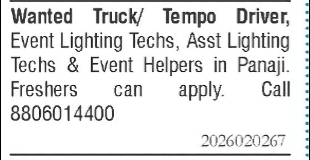 Truck Driver, Tempo Driver & Event Staff Required – Panaji, Goa