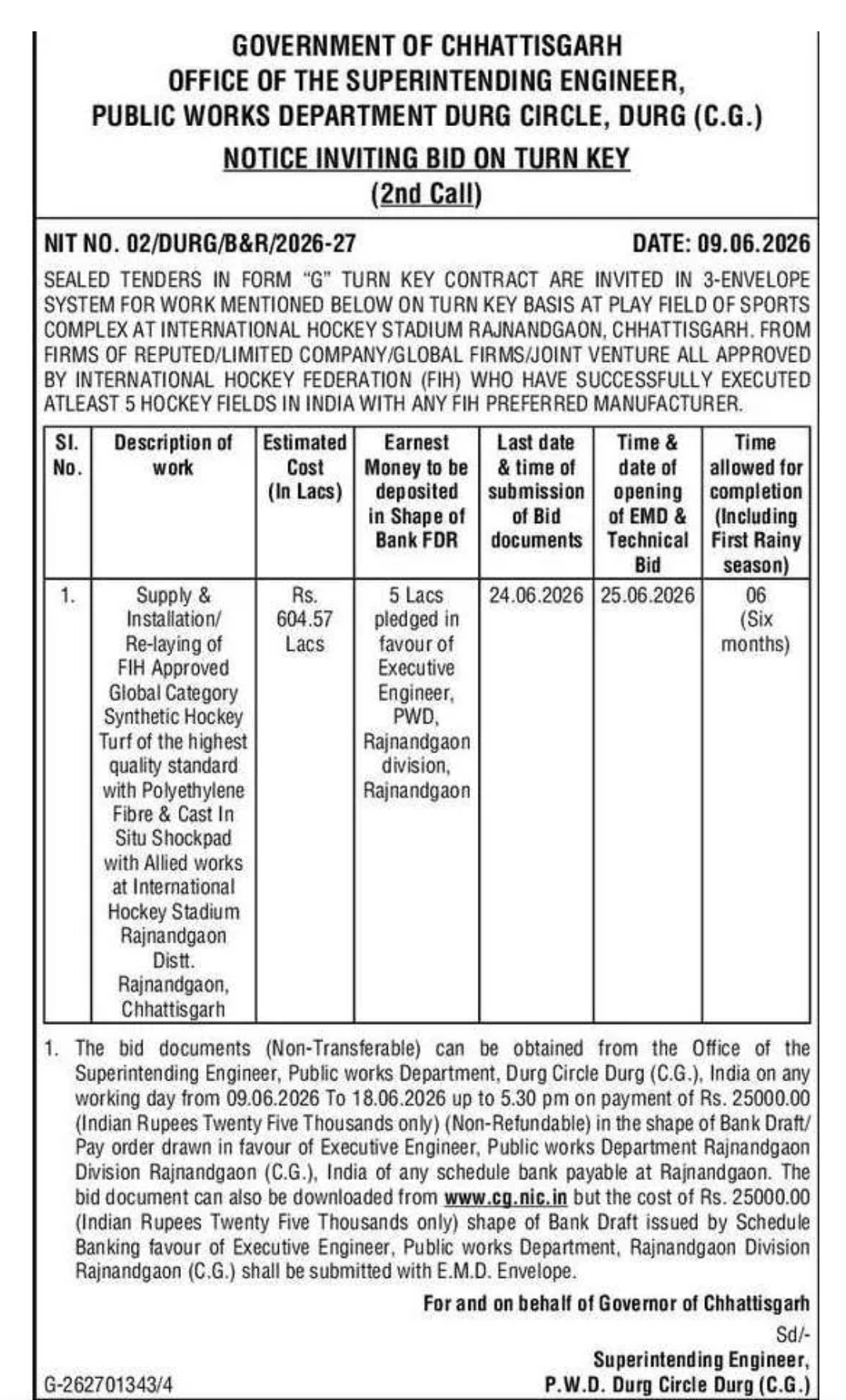 Turnkey Tender Notice – Synthetic Hockey Turf Installation at International Hockey Stadium Rajnandgaon (C.G.)