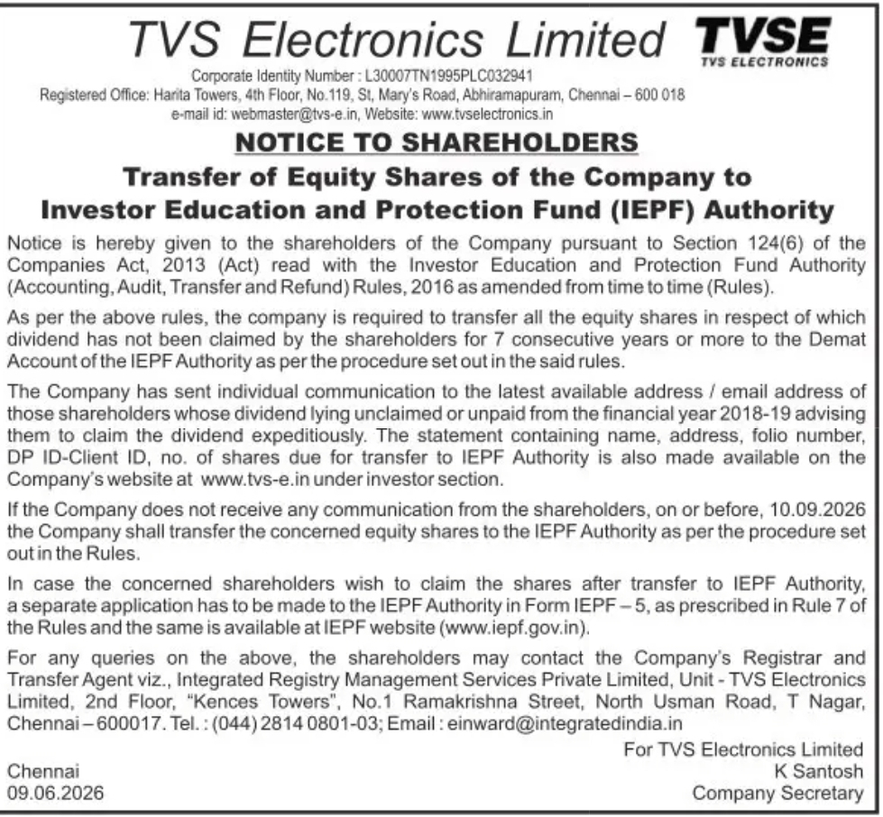 TVS Electronics Share Transfer Notice to IEPF Authority