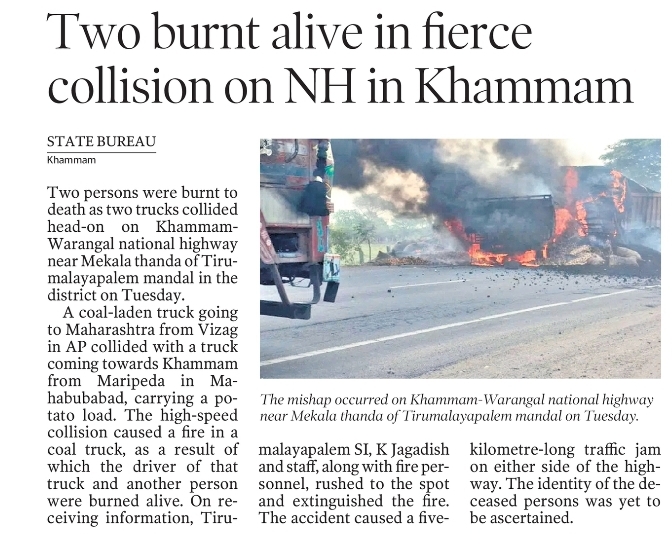 Two burnt alive in fierce collision on NH in Khammam
