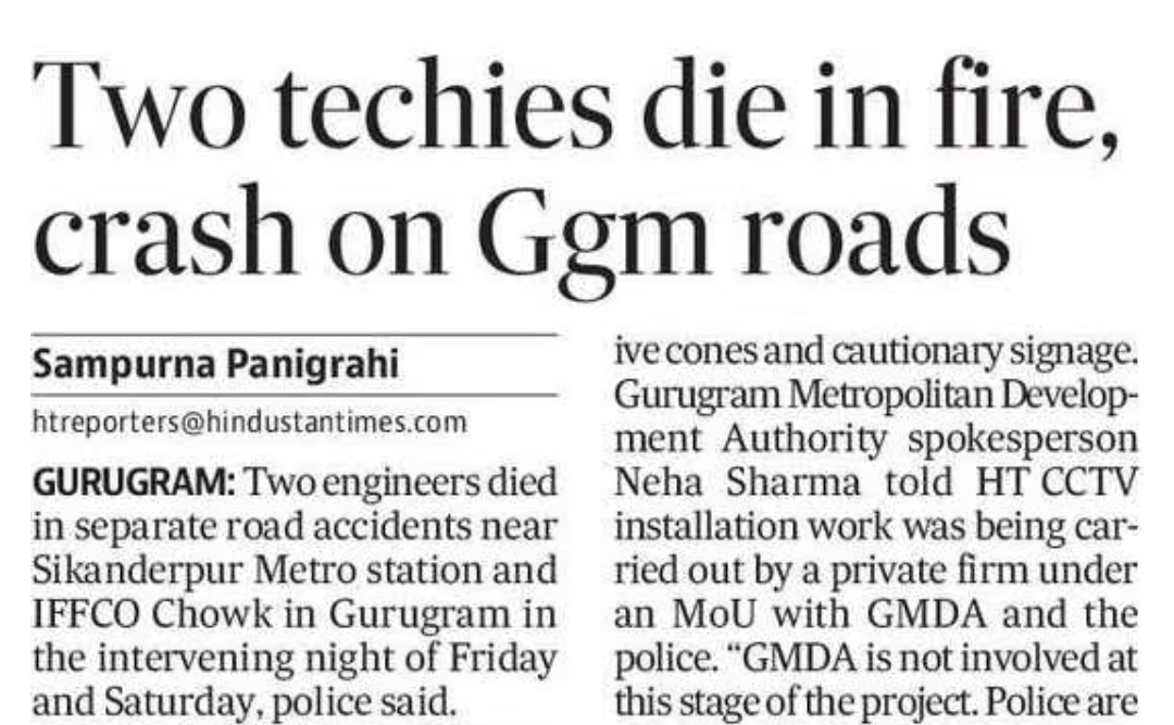 Two techies die in fire, crash on Ggm roads