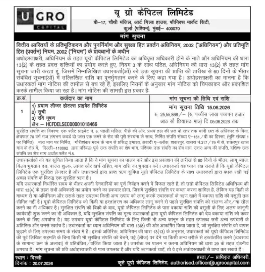 U GRO Capital Limited Demand Notice – Delhi Property