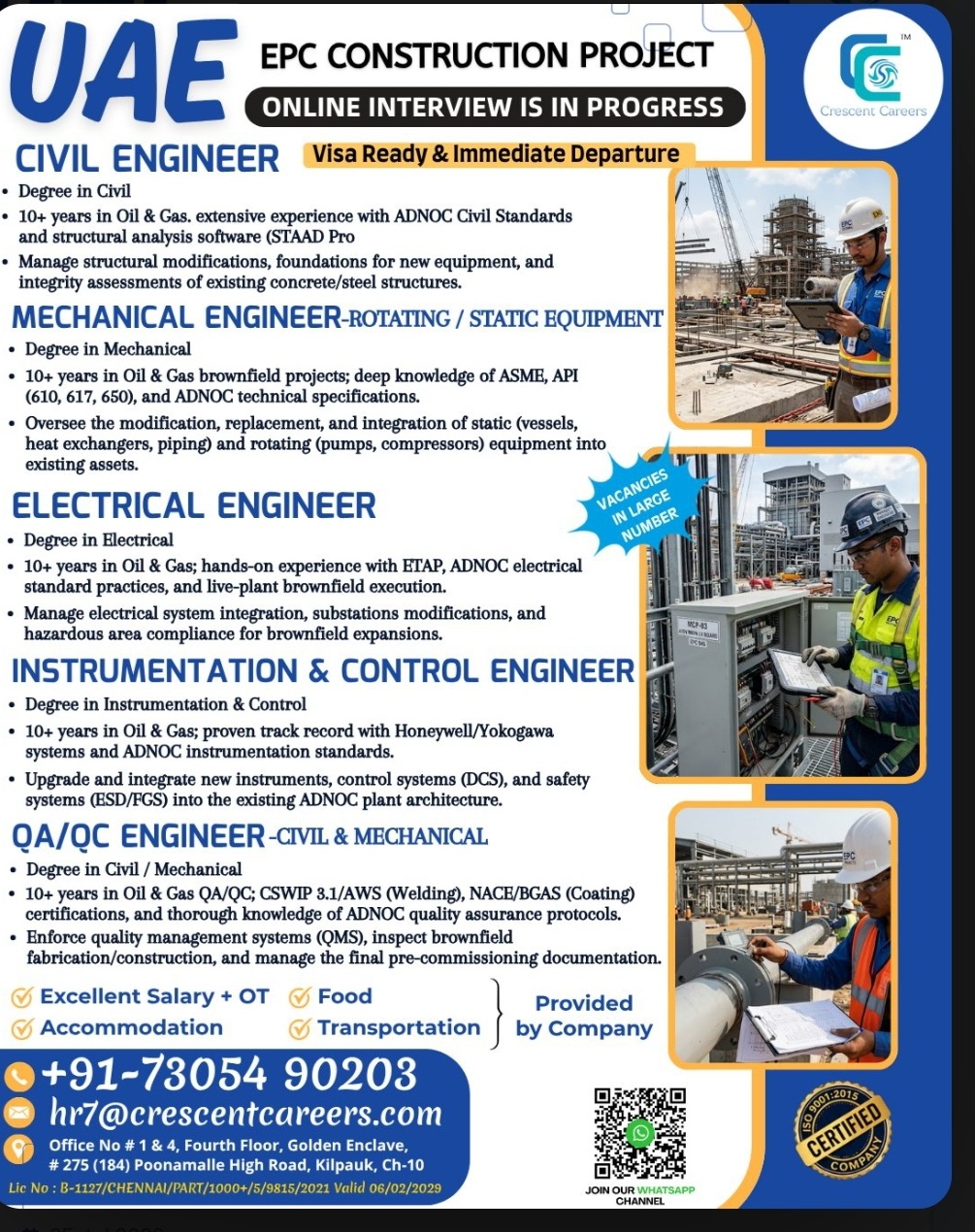 UAE EPC Construction Project – Immediate Hiring for Engineers