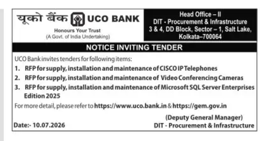 UCO Bank Invites Tenders for IT Infrastructure Procurement