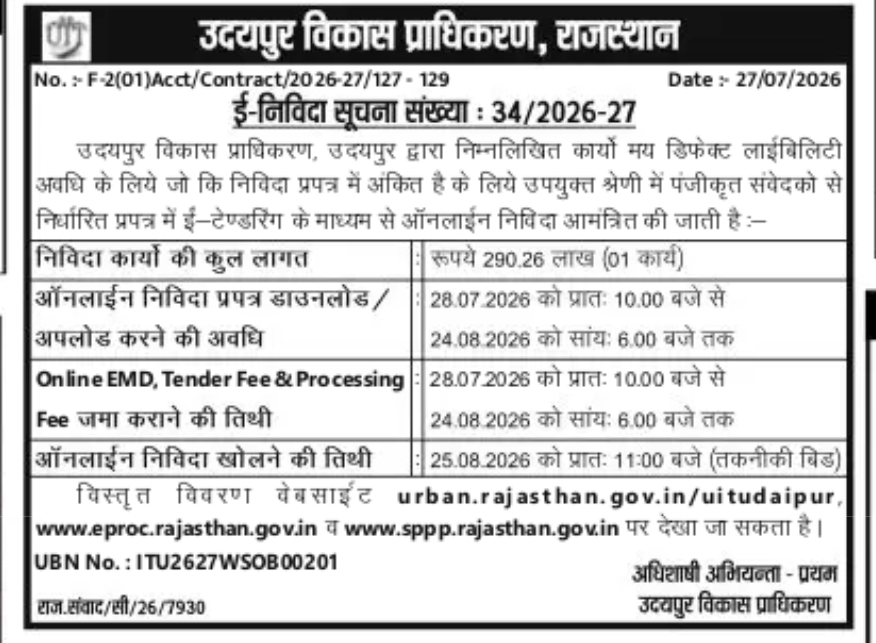 Udaipur Development Authority (UDA) E-Tender Notice No. 34/2026-27