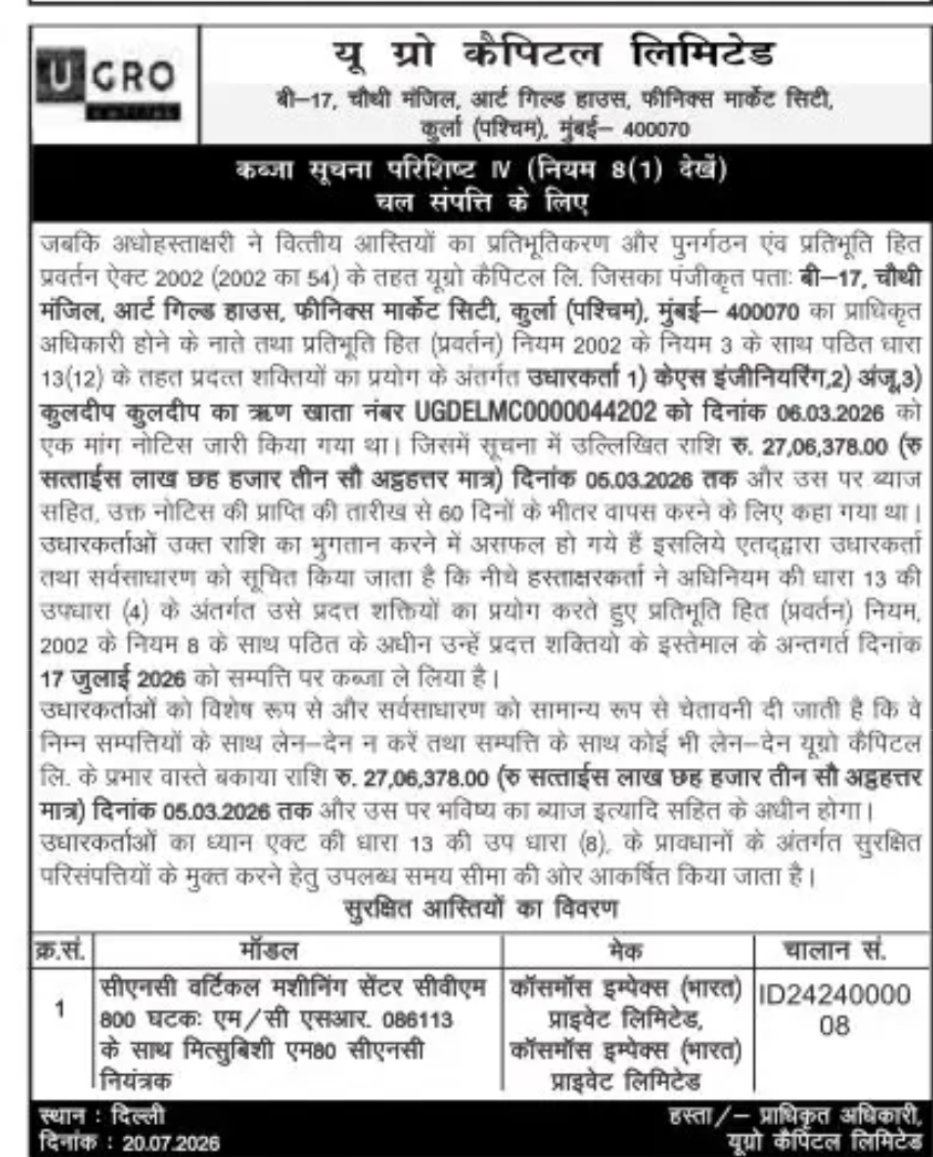 UGRO Capital Ltd. Possession Notice for Secured Movable Assets – Delhi