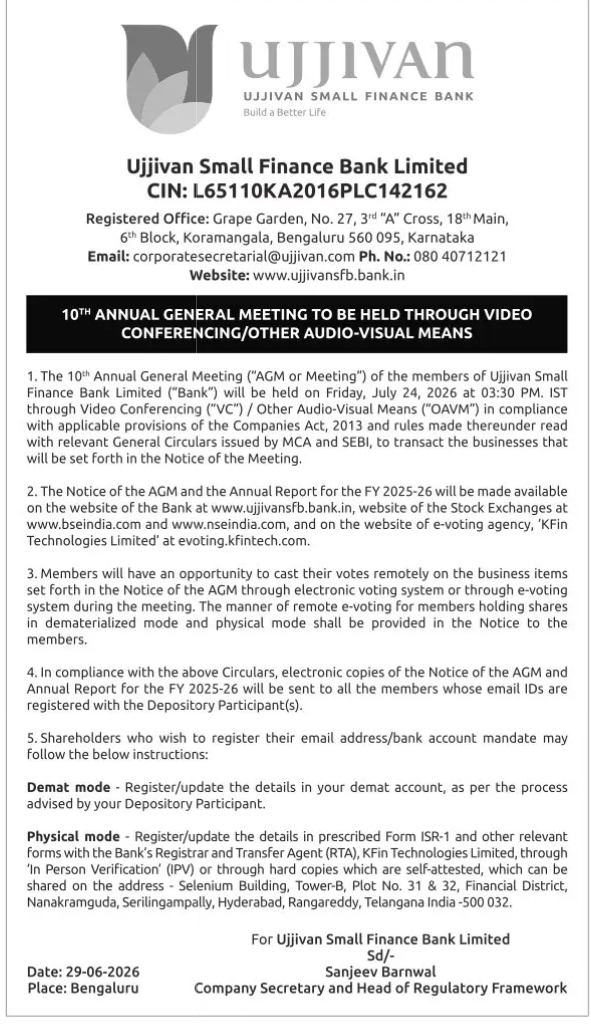 UJJIVAN SMALL FINANCE BANK – 10TH ANNUAL GENERAL MEETING NOTICE