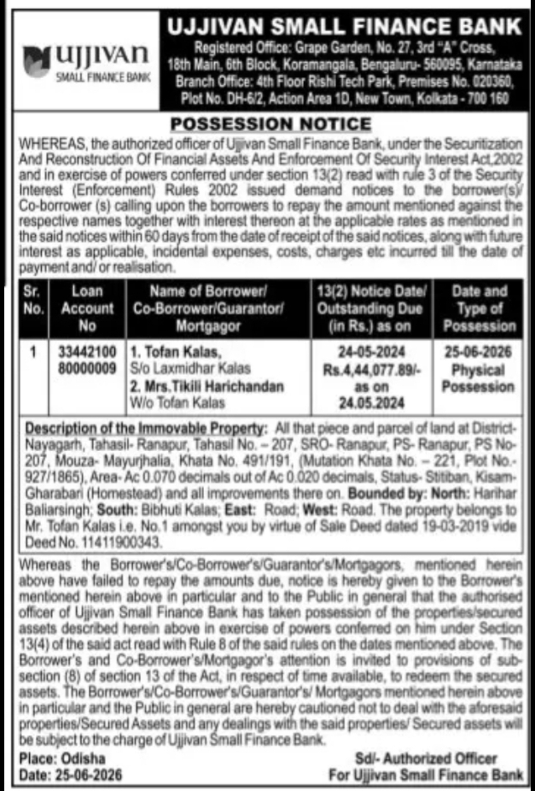 Ujjivan Small Finance Bank – Possession Notice
