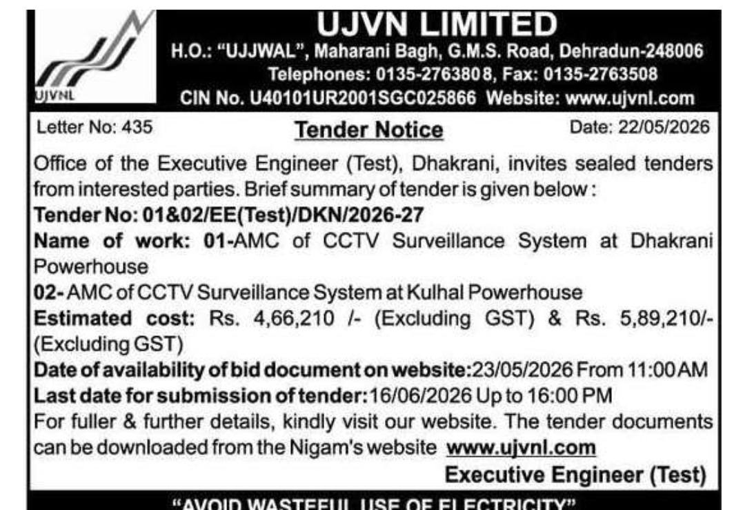 UJVN Invites Tenders for CCTV Surveillance System AMC at Dhakrani and Kulhal Powerhouses in Uttarakhand