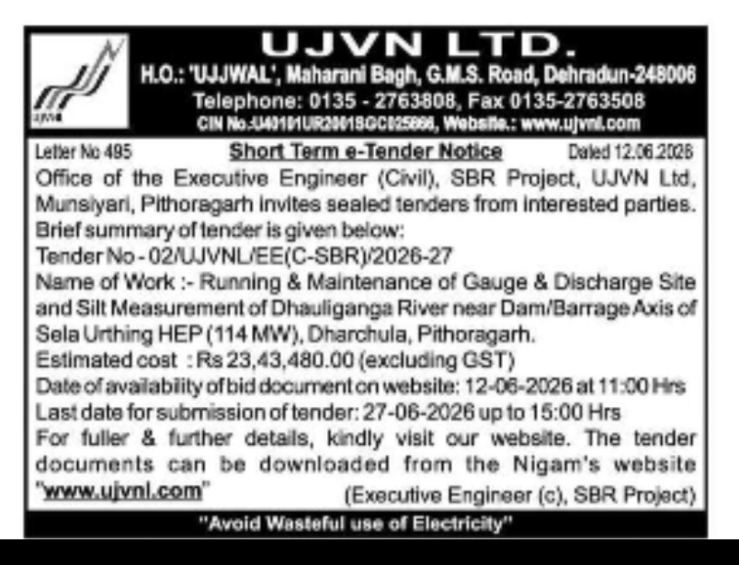 UJVN Ltd Short Term E-Tender for O&M of Gauge and Discharge Site, Dharchula