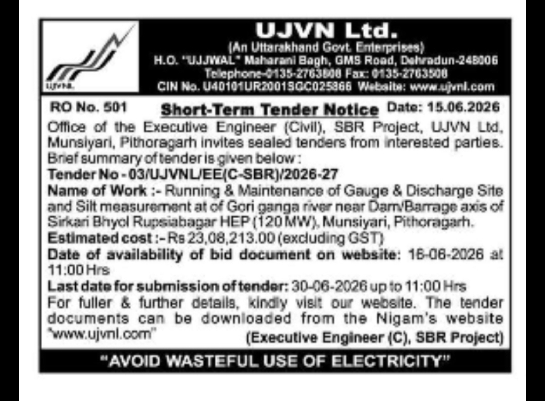 UJVN Ltd – Short-Term Tender Notice (Uttarakhand)