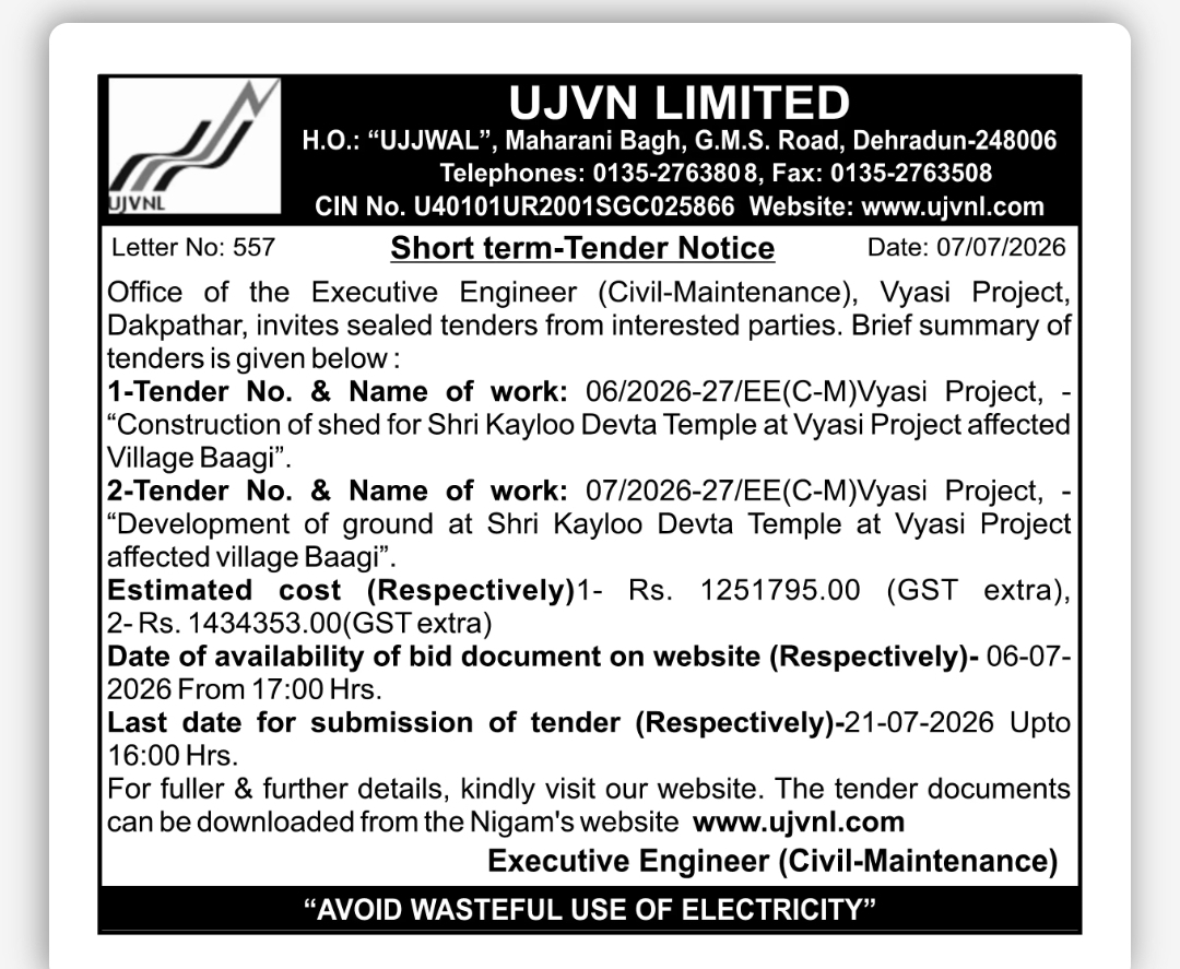 UJVNL Invites Short-Term Tenders for Construction & Ground Development Works at Vyasi Project