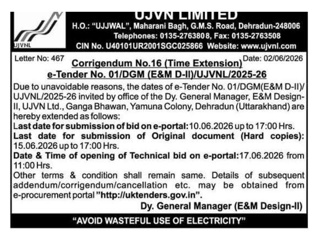 UJVNL Tender Update: Corrigendum No. 16 (Time Extension)