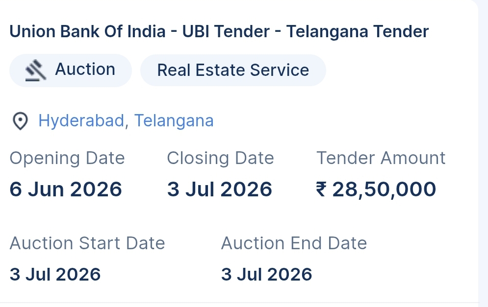 Union Bank Of India - UBI Tender - Telangana Tender