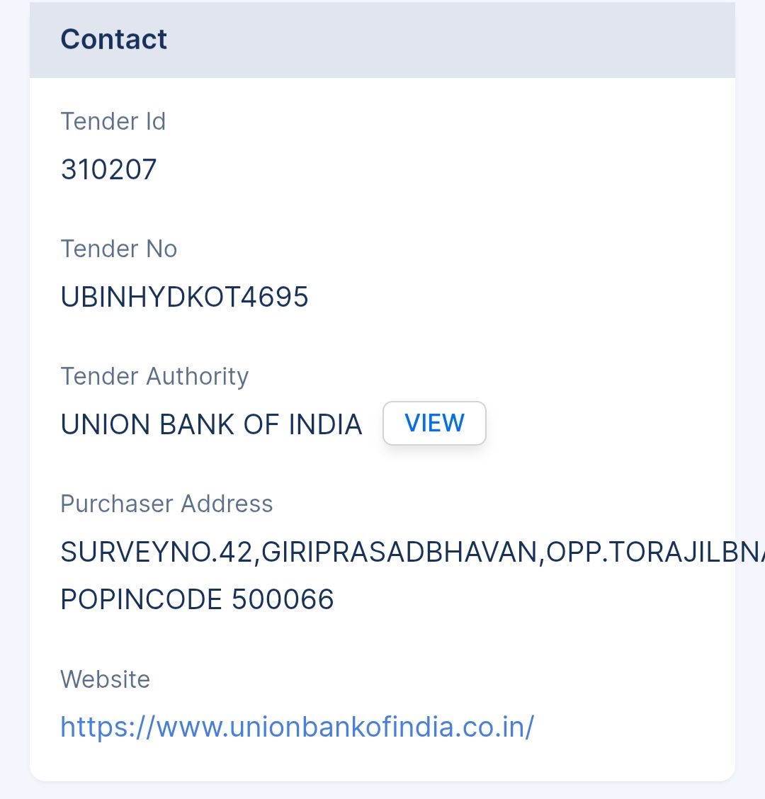 Union Bank Of India - UBI Tender - Telangana Tender