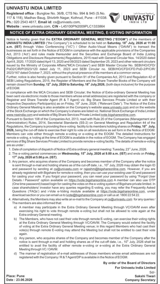 Univastu India Announces EOGM and E-Voting Schedule