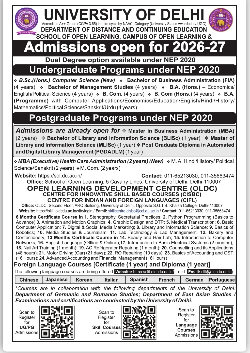 University of Delhi School of Open Learning Admissions Open 2026-27