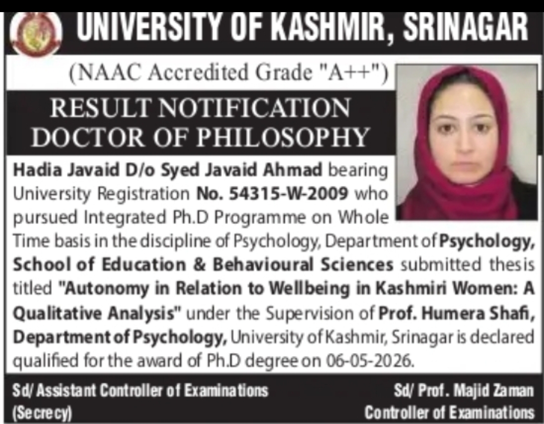 University of Kashmir Announces Ph.D Award in Psychology