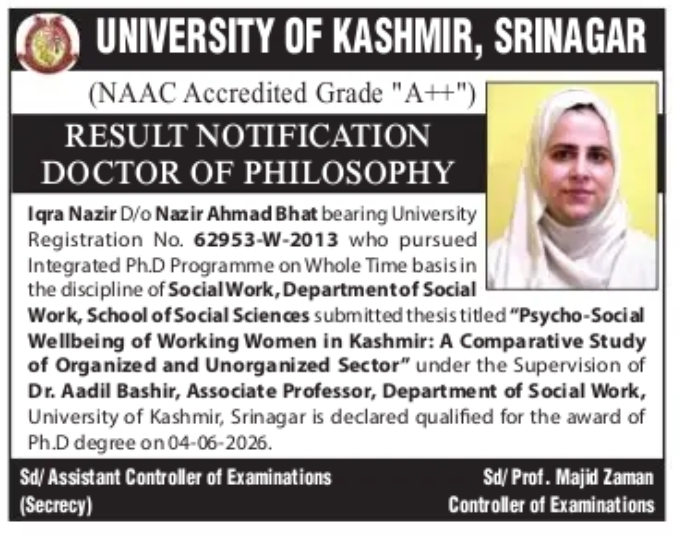 University of Kashmir Announces Ph.D Award to Iqra Nazir