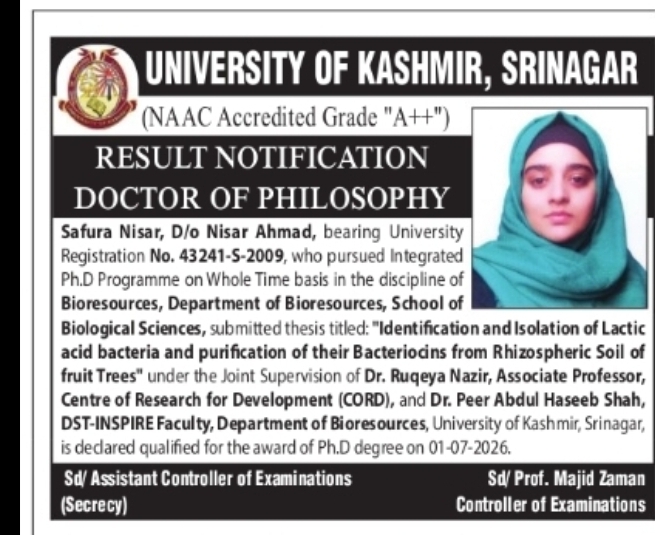 University of Kashmir Declares Ph.D. Award for Safura Nisar