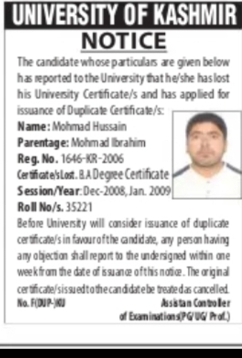 University of Kashmir – Duplicate Certificate Notice