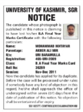 University of Kashmir Notice – Loss of B.A. Final Year Marks Certificate