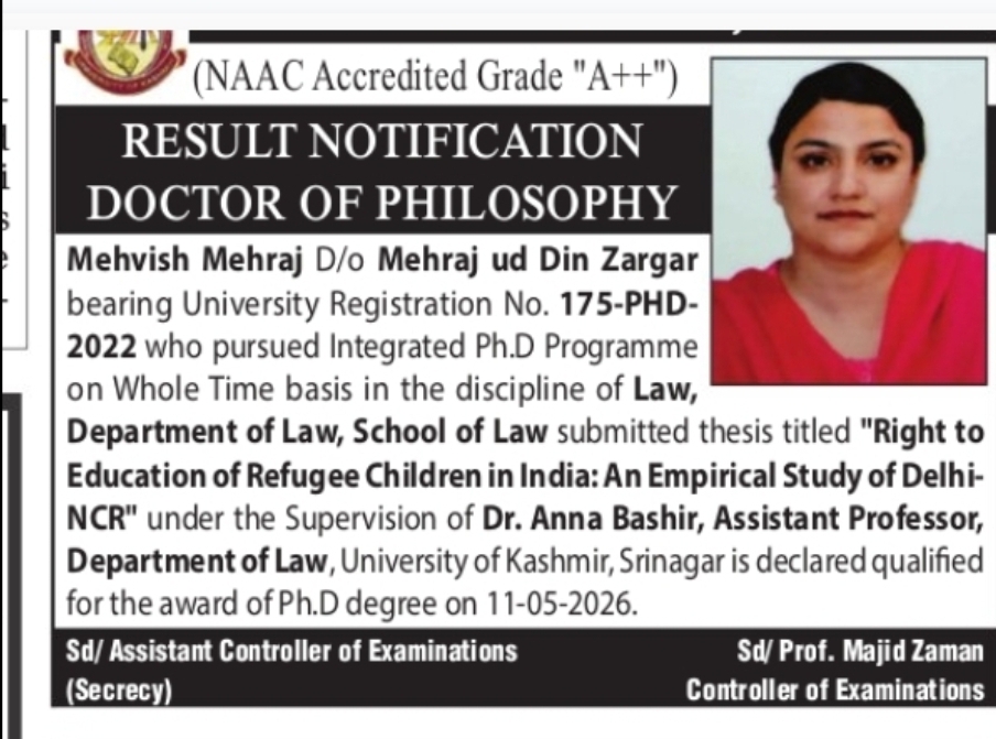 University of Kashmir Ph.D Result Notification – Mehvish Mehraj