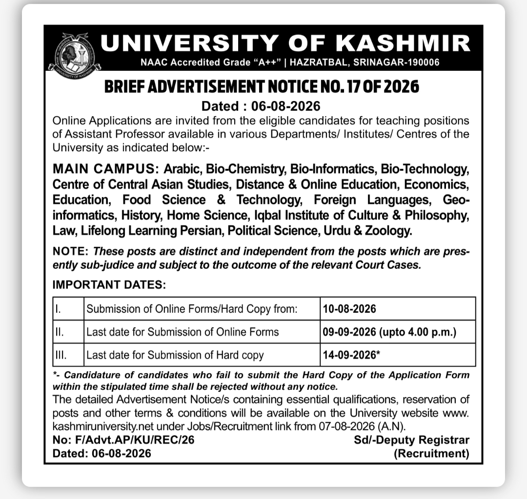 UNIVERSITY OF KASHMIR RECRUITMENT 2026