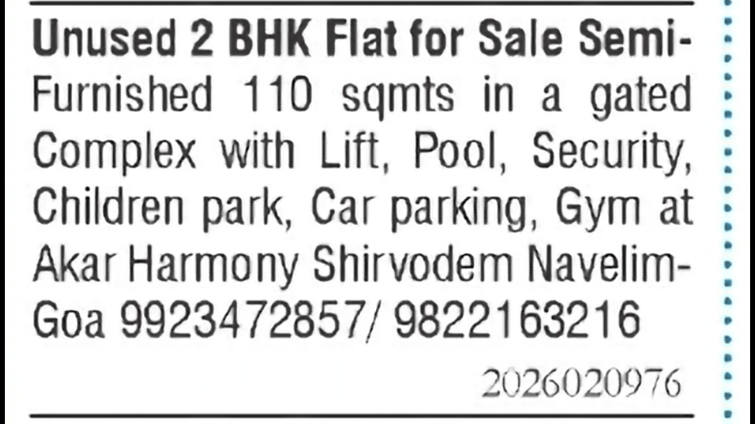 Unused Semi-Furnished 2 BHK Flat for Sale
