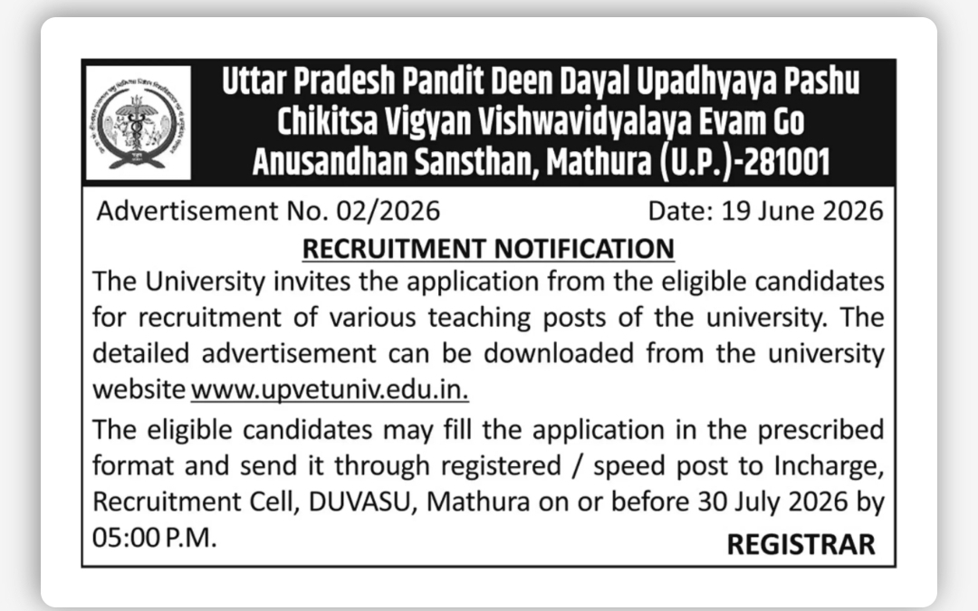 UP DUVASU Mathura Teaching Recruitment 2026